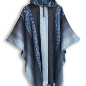 A hooded poncho with an artistic design.