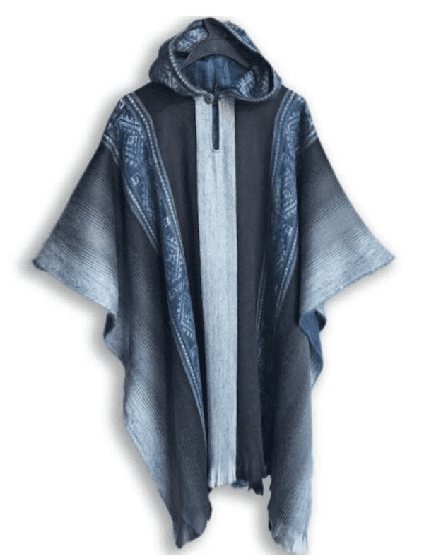 A hooded poncho with an artistic design.