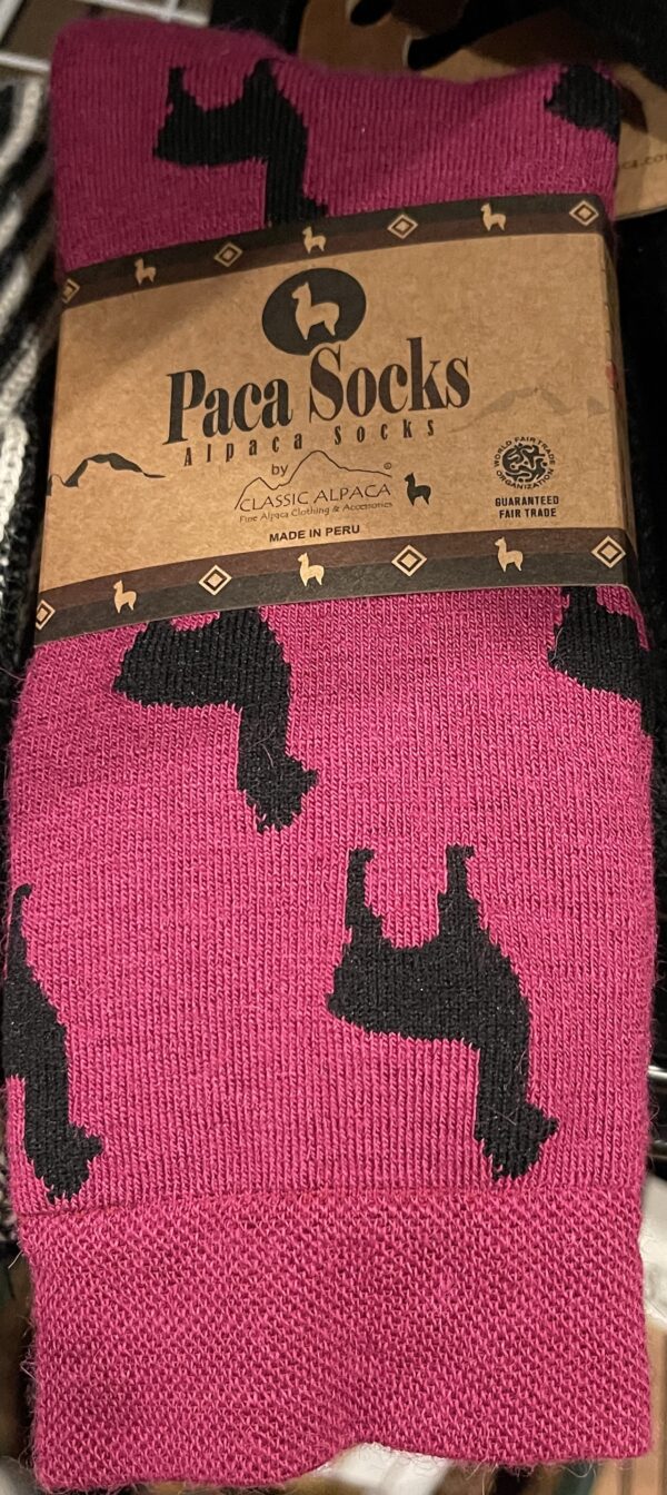 A pink and black sock with cats on it