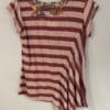 Red striped shirt with floral detail.