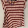 Red and beige striped shirt with flowers.